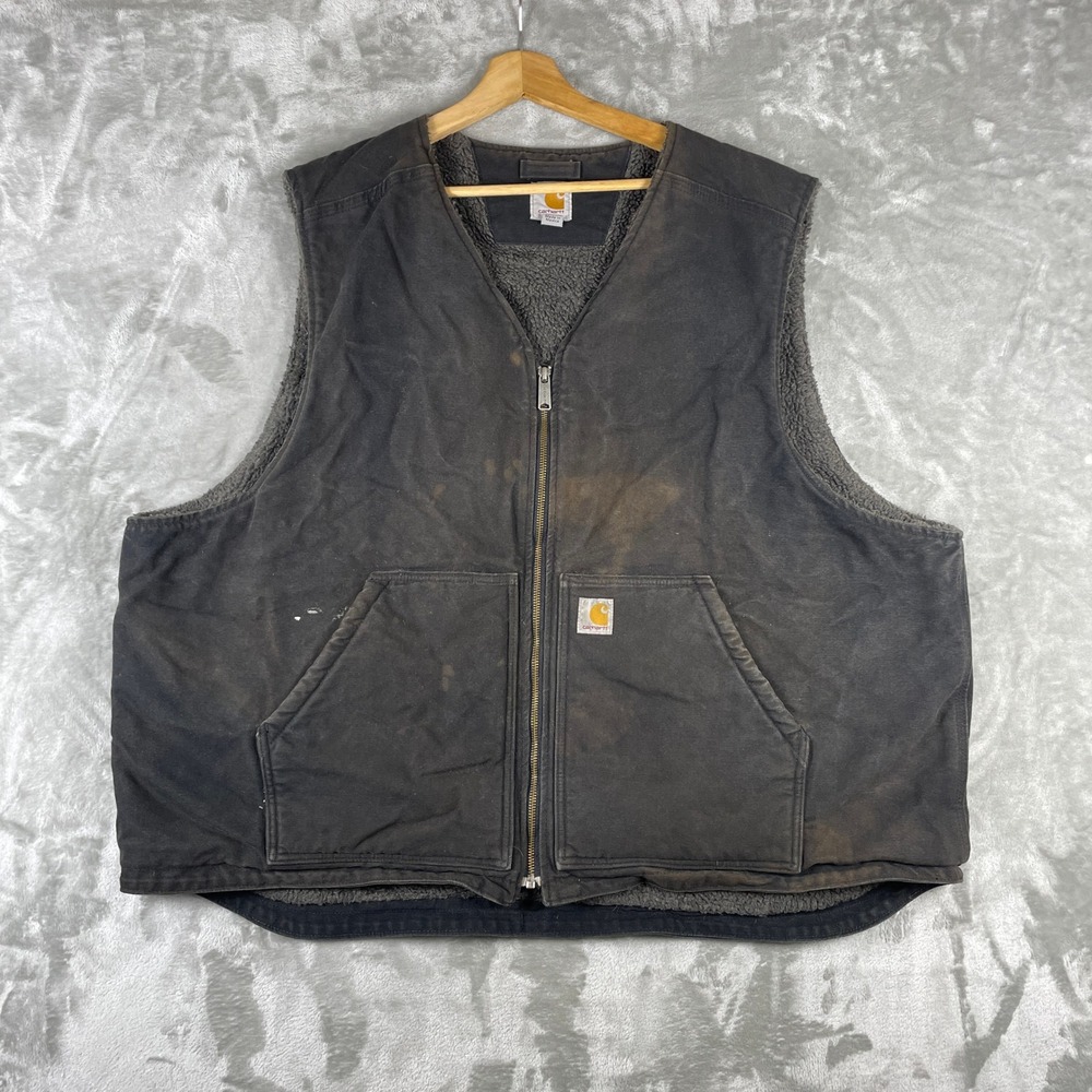 Carhartt Vest Mens 3XL Black Sherpa Lined Canvas Workwear 104394-BLK Distressed